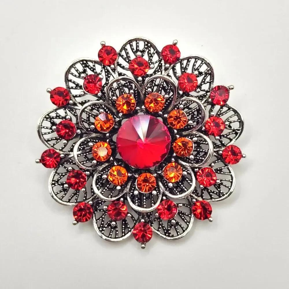 Round Double Layer Flower Brooch Reds and Oranges Faux Jewels
